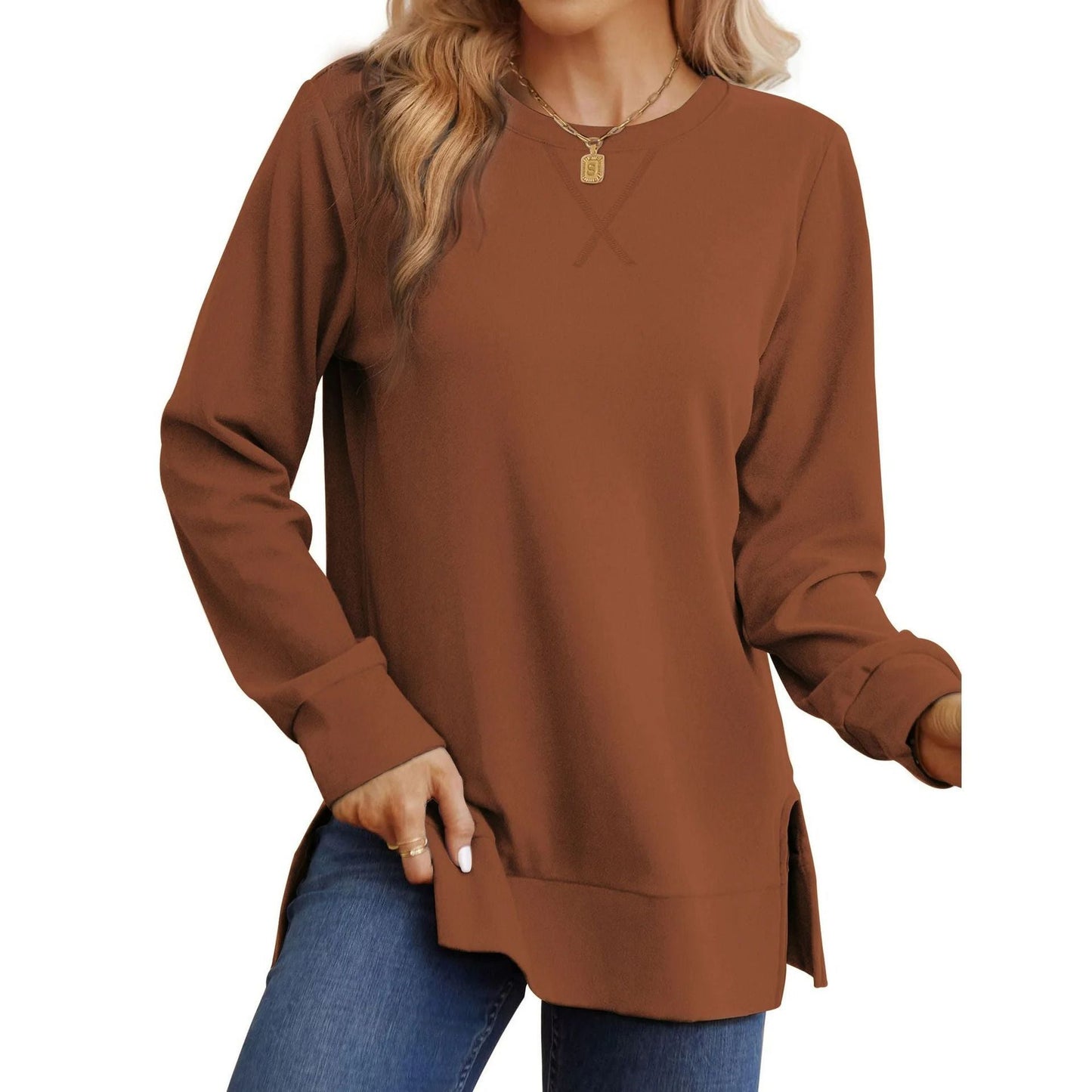 Damen Langarm Sweater Bequem Mit Seitenschlitz - IdealeKleiden