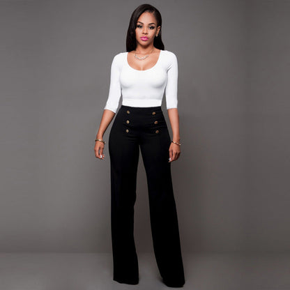 Pantalon Palazzo Femme Taille Haute Élégant Boutons