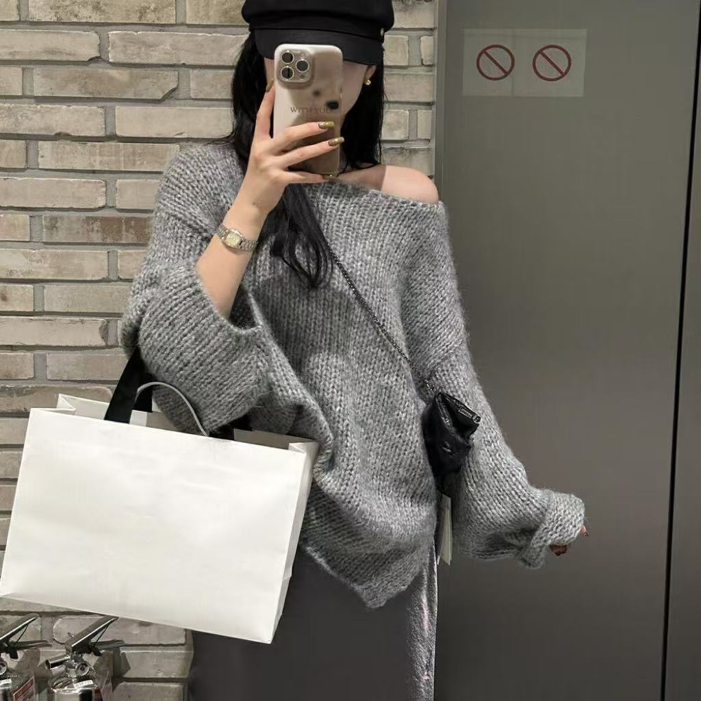 Pull oversize à manches longues et épaules dénudées style décontracté