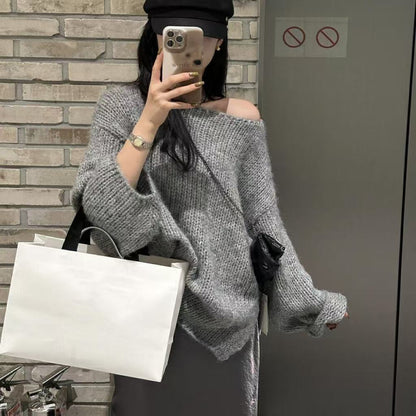 Pull oversize à manches longues et épaules dénudées style décontracté