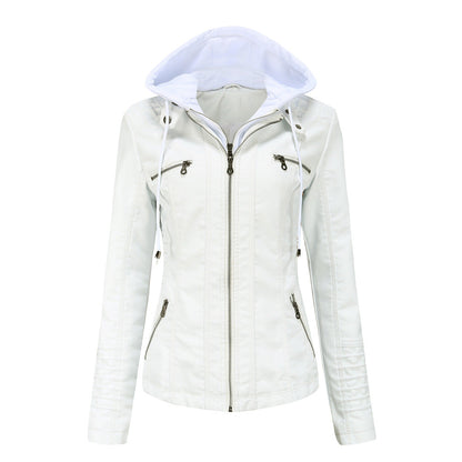 Blouson en cuir élégant, coupe slim, capuche, fermeture éclair