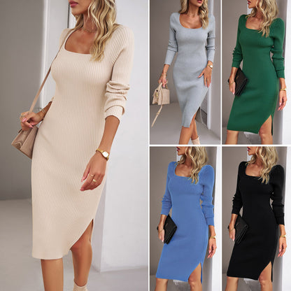Damenkleid Figurumdrehendes Rippdesign Mit Schmalen Ärmeln - IdealeKleiden