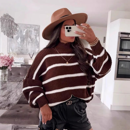 Damen Oversized Pullover Streifen Rollkragen Modern - IdealeKleiden
