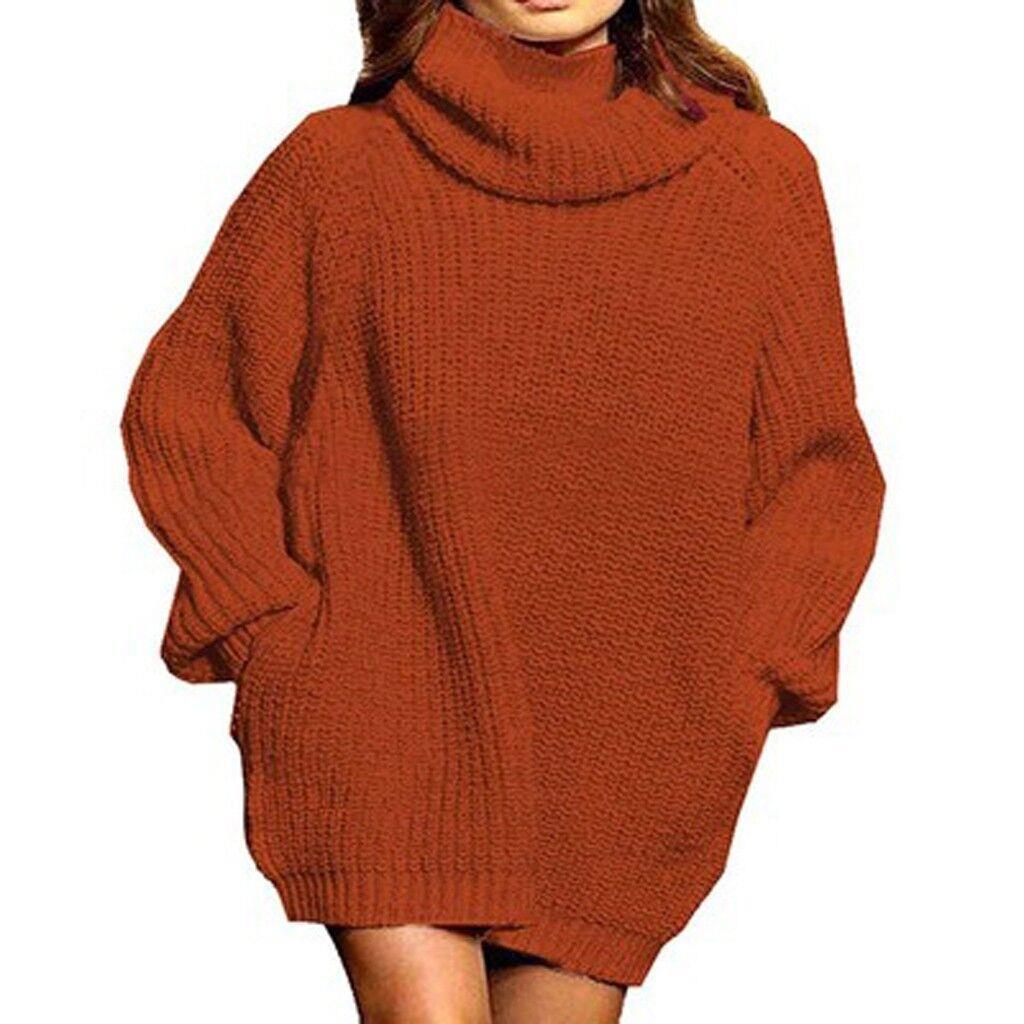 Robe pull femme grosse maille col montant décontractée chic