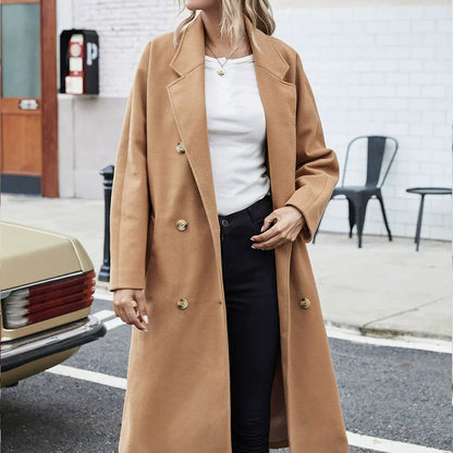 Manteau Femme Laine Long Cuisses Décontracté Double Boutonnage
