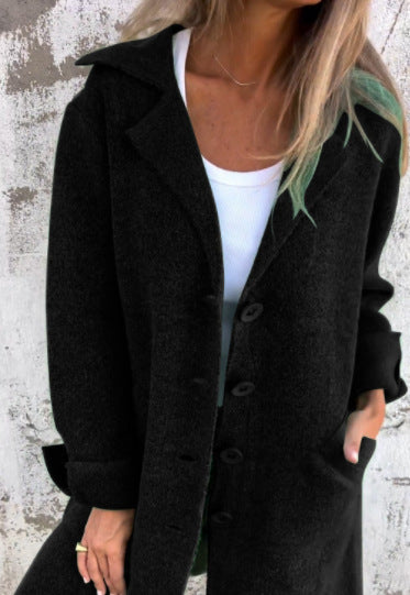Manteau en laine mi-long Coupe décontractée Élégant col à revers