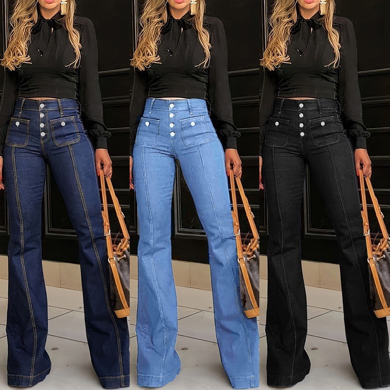 Damen High-Waist Jeans Trendy Knopfdesign - IdealeKleiden