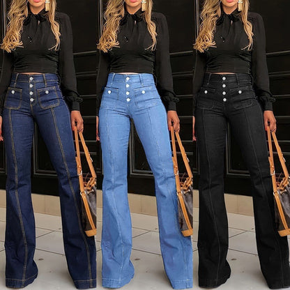 Damen High-Waist Jeans Trendy Knopfdesign - IdealeKleiden