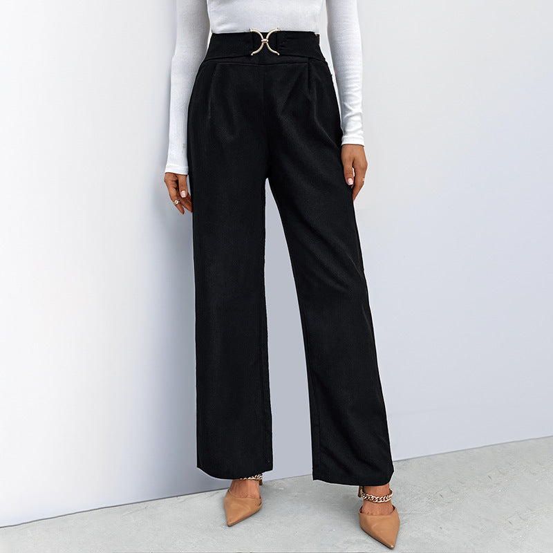 Pantalon Femme Taille Haute Élégant Détail Ceinture