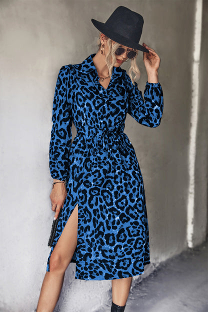 Robe léopard midi élégante pour femmes avec fente