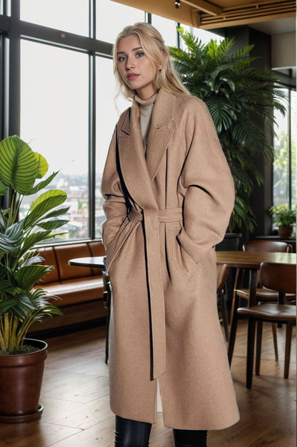 Manteau en laine pour femme élégant manches larges ceinture