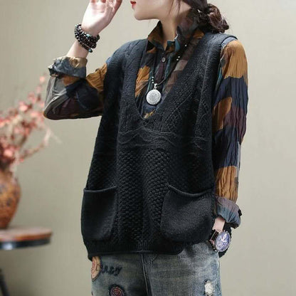 Gilet tricoté pour femme col en V avec poches design élégant