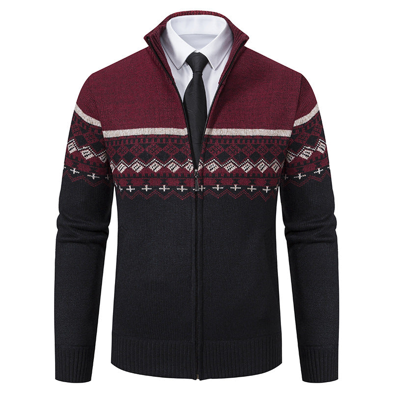 Herren Pullover Stehkragen Norweger Muster Winterjacke - IdealeKleiden