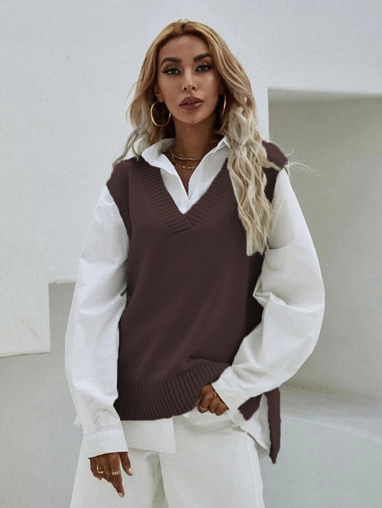 Gilet tricoté pour femme Col en V Larges côtes