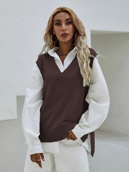 Gilet tricoté pour femme Col en V Larges côtes