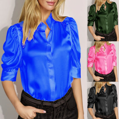 Elegante Damenbluse Satin Puffärmel Moderner Stil - IdealeKleiden