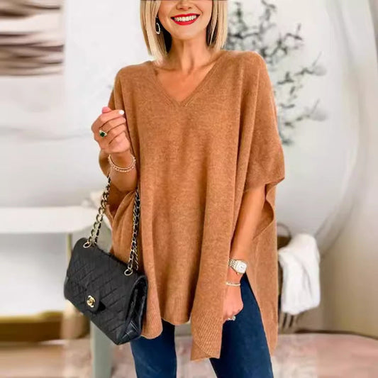 Damen Strickponcho Lässig V-Ausschnitt Oversized - IdealeKleiden