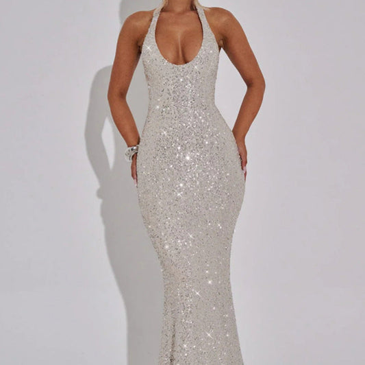 Damen Abendkleid Glitzer Pailletten Tiefes V Schulterfrei - IdealeKleiden