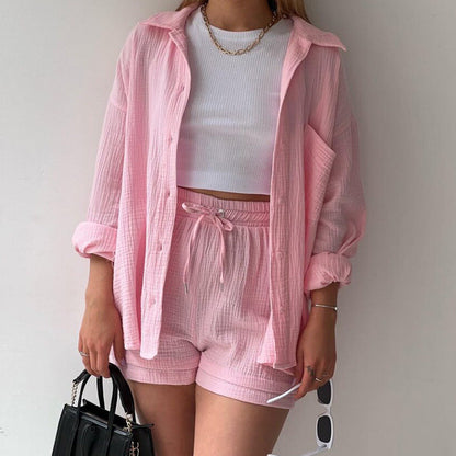Damen Sommer Outfit Kurzarm Bluse Shorts Set - IdealeKleiden