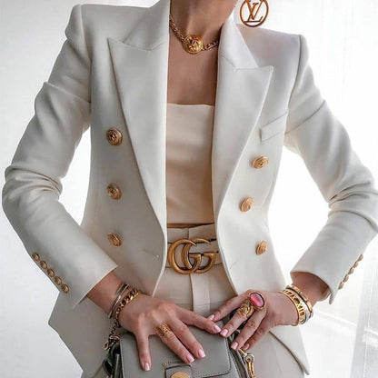 Blazer élégant femme, boutons dorés, costume d'affaires