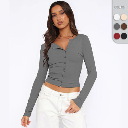 Damen Langarmshirt Figurbetont Elegant Knöpfe - IdealeKleiden