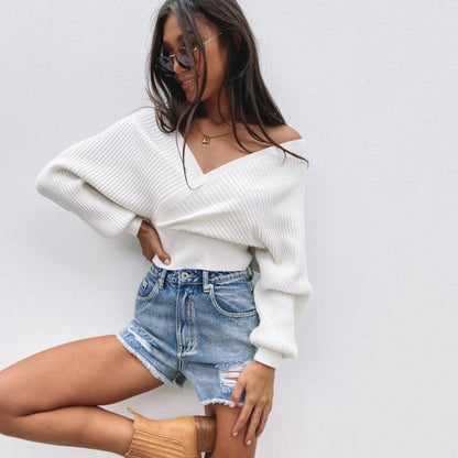 Pull pour femmes décontracté Col en V Manches larges