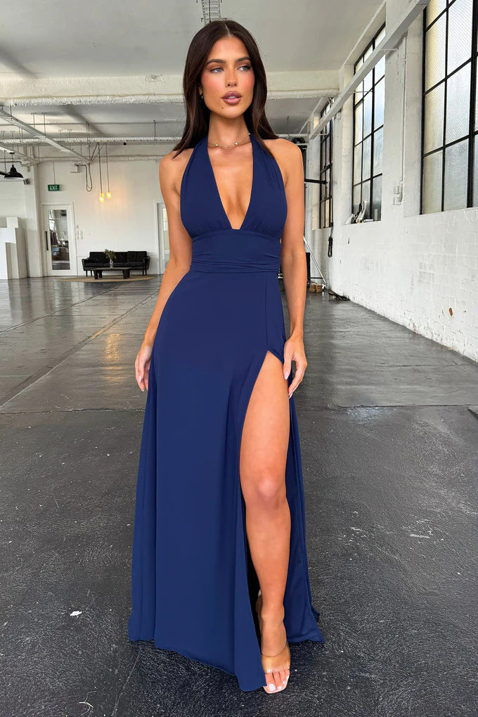 Robe longue élégante pour femme col en V et fente haute