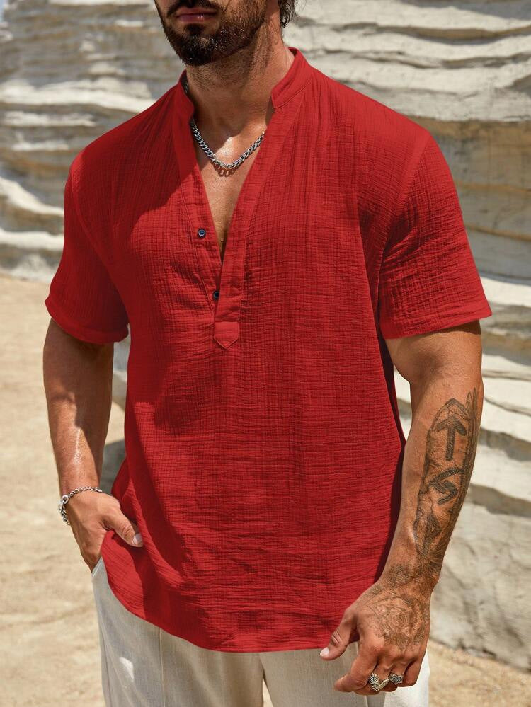 Chemise à manches courtes pour homme, col montant moderne, légère en coton
