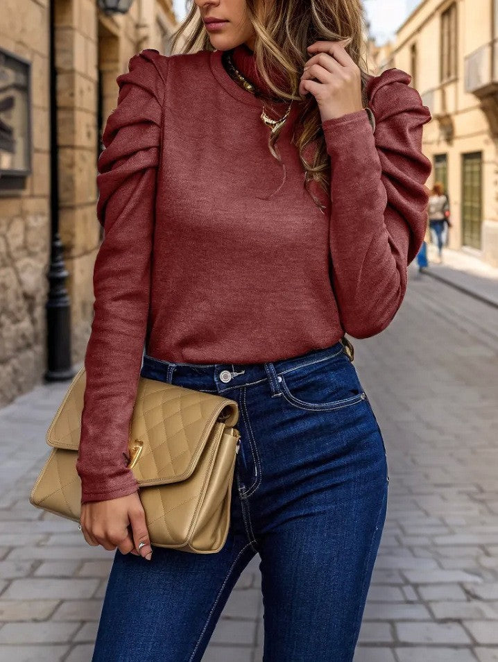 Pull en maille douce à col rond et manches bouffantes pour femme