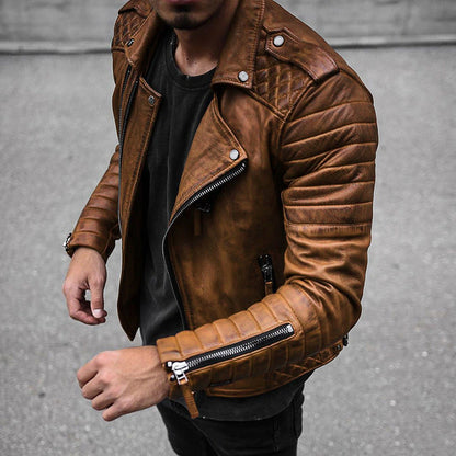Blouson en cuir pour homme style motard robuste avec fermeture éclair