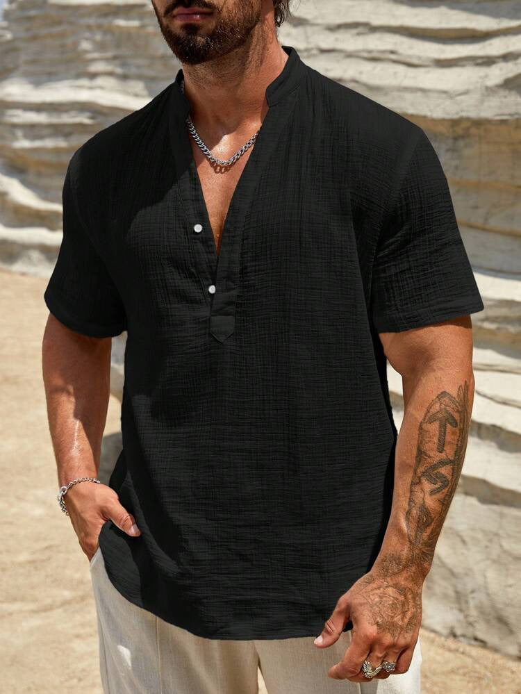 Chemise à manches courtes pour homme, col montant moderne, légère en coton