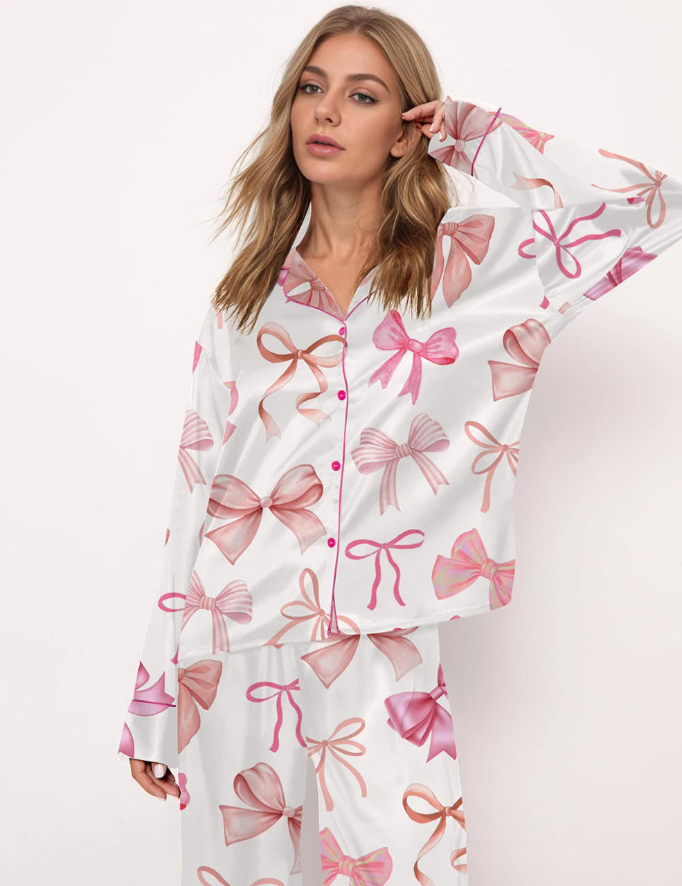 Ensemble de pyjama en soie pour femme motif nœud fantaisie
