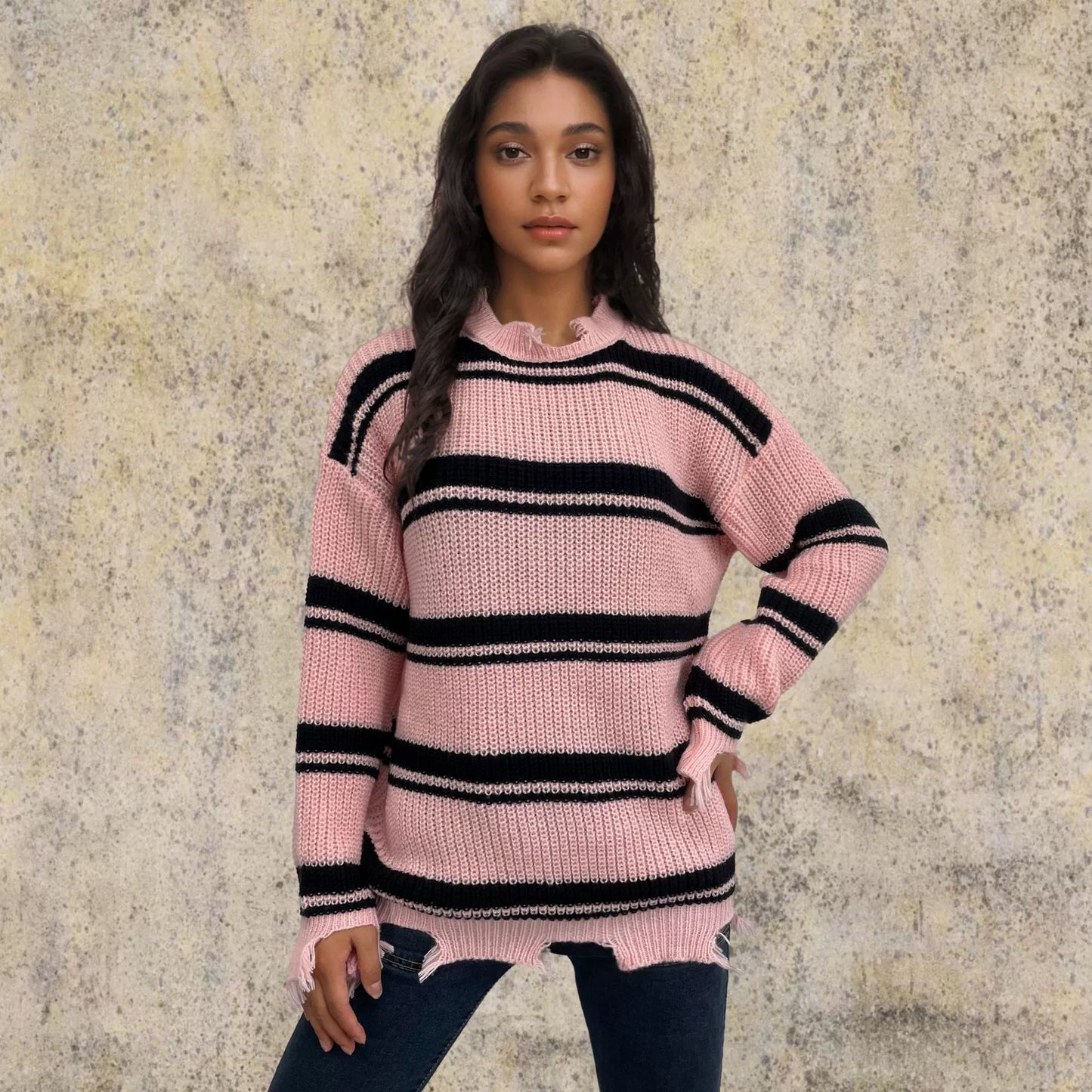 Übergröße Pullover Gestrickt Wolle Kontraststreifen - IdealeKleiden