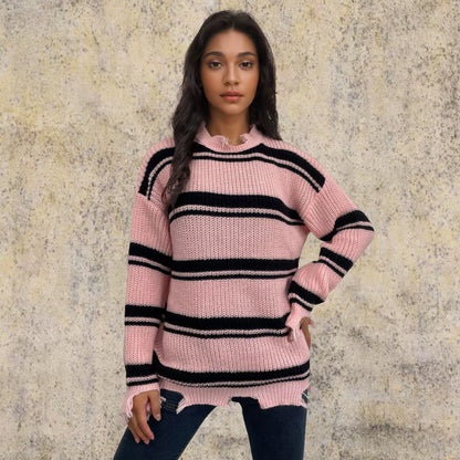 Übergröße Pullover Gestrickt Wolle Kontraststreifen - IdealeKleiden