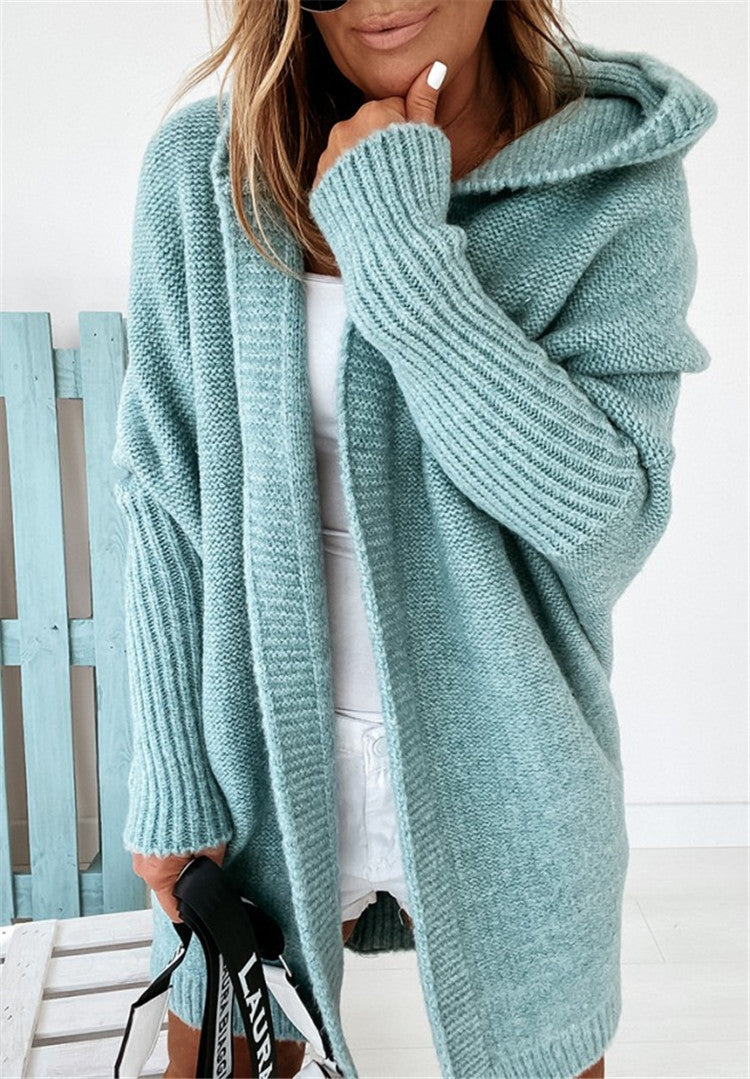 Cardigan en maille pour femme, à capuche, manches larges, confortable