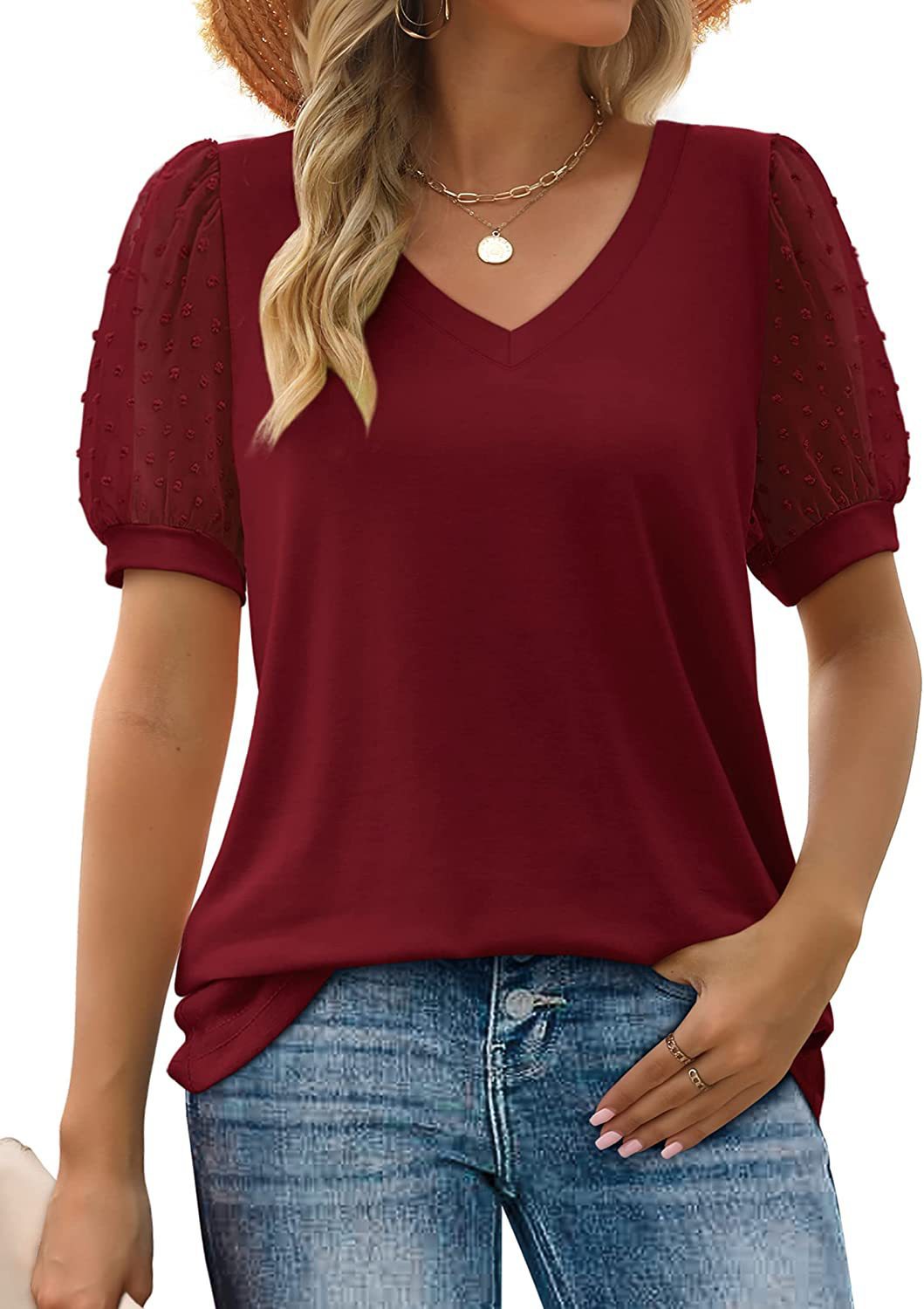 T-shirt pour femme col V manches bouffantes haut