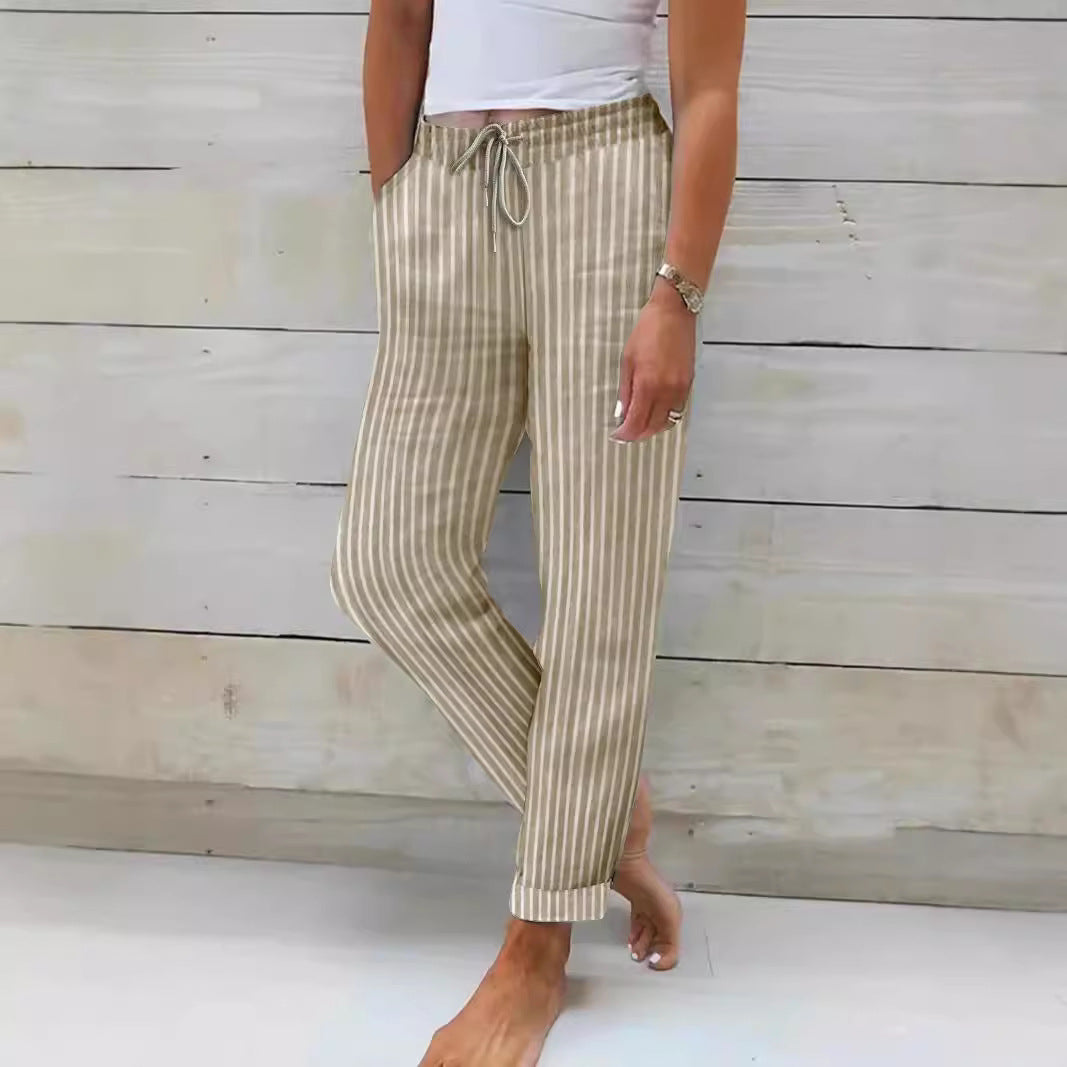 Damen Bequeme Baumwollhose Streifenmuster Flexibler Bund - IdealeKleiden