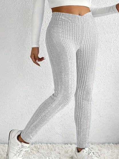 Legging en maille pour femme, taille haute, côtelée fine