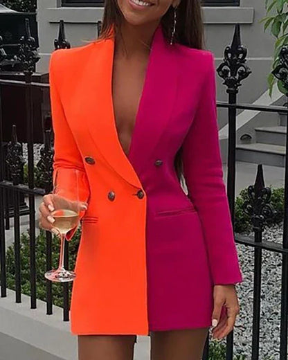 Blazer pour femme Robe Coupe ajustée Bicolore Col en V