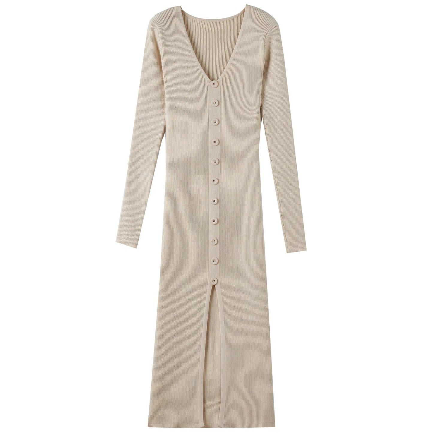 Robe longue femme, manches longues, motif côtelé, élégante, boutonnée