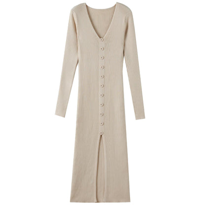 Robe longue femme, manches longues, motif côtelé, élégante, boutonnée