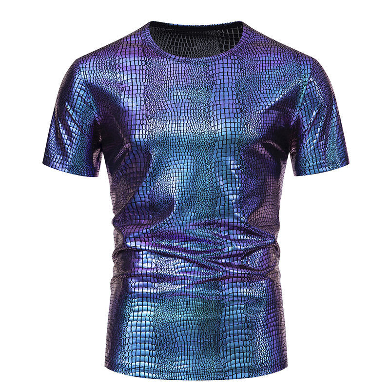 Pull Homme Aspect Cuir de Serpent Élégant Manches Courtes