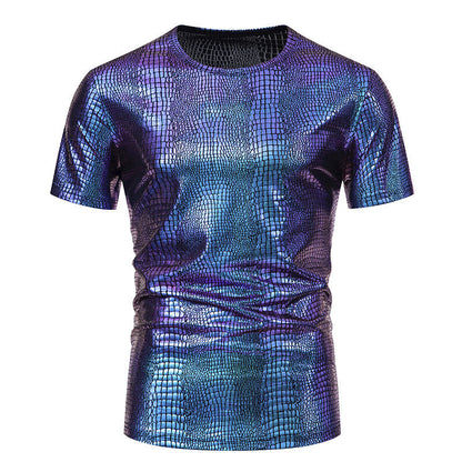 Pull Homme Aspect Cuir de Serpent Élégant Manches Courtes