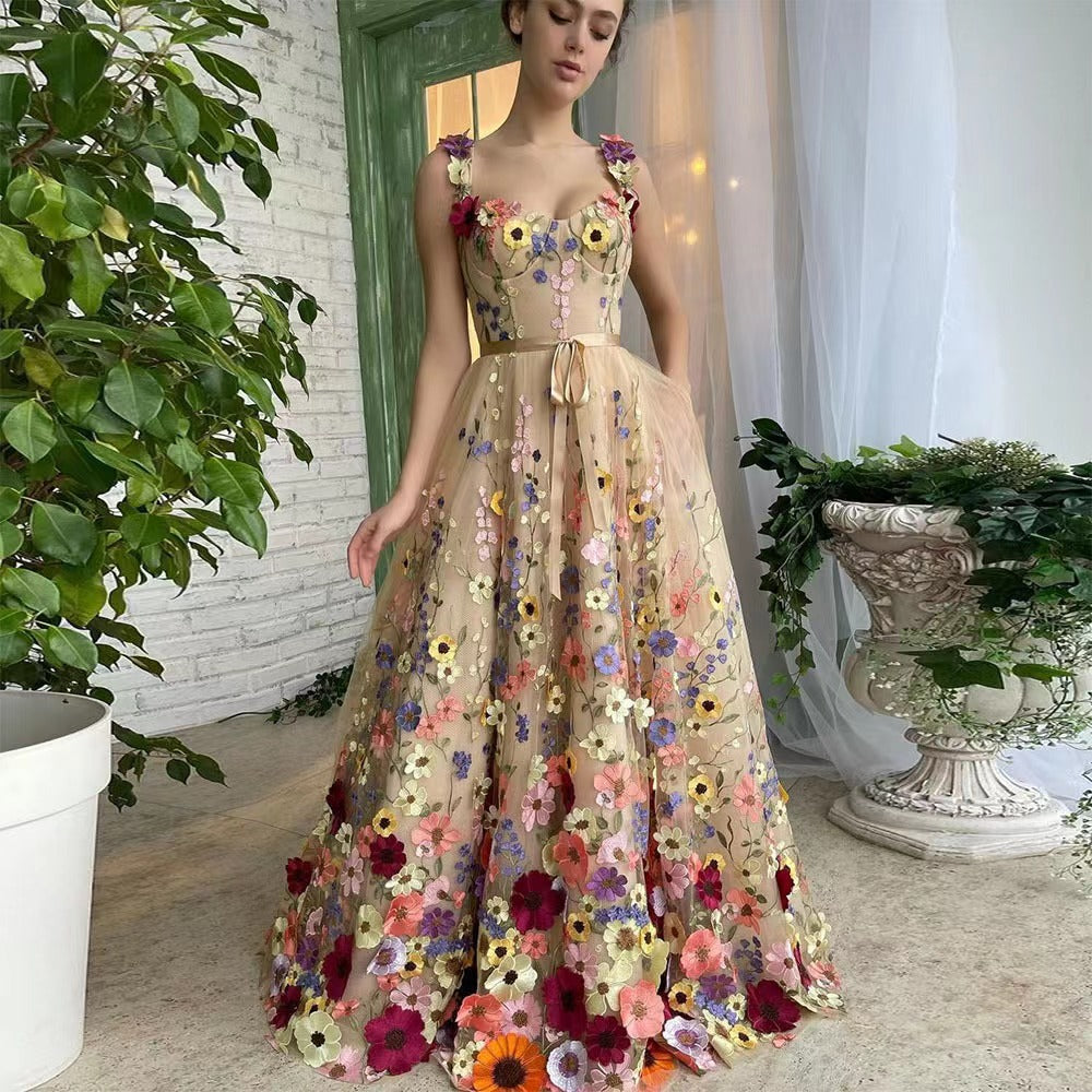 Robe en tulle pour femme motif floral avec ceinture à la taille Élégante coupe trapèze