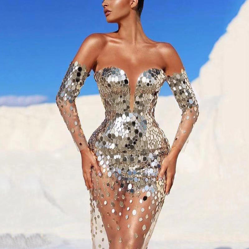 Robe de soirée scintillante pour femme avec manches transparentes