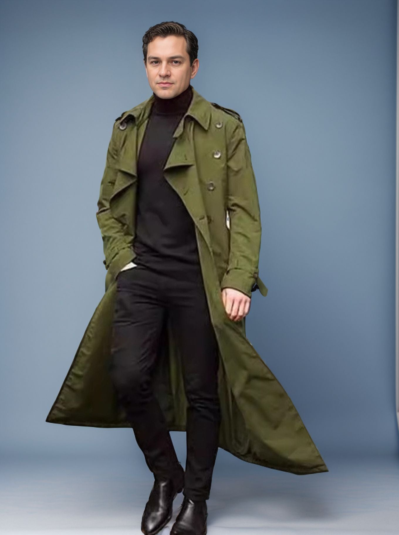 Trench-coat long élégant pour hommes avec poches