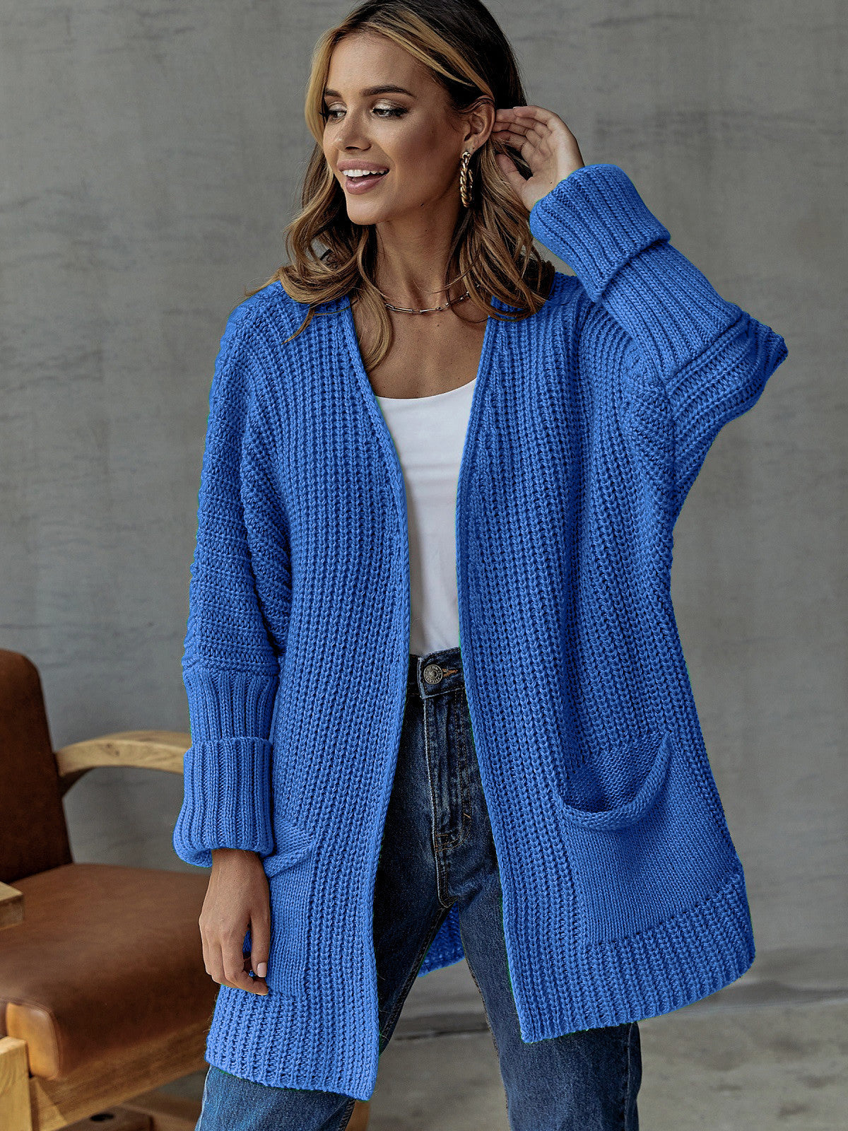 Gilet long en maille côtelée pour femme