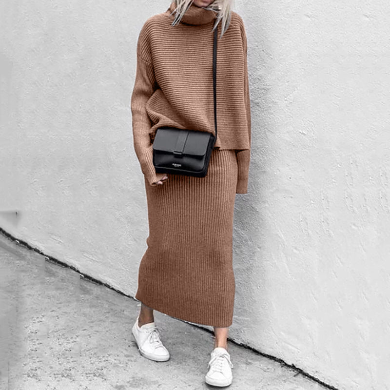Ensemble pull à col roulé et jupe en maille pour femme