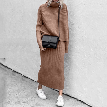 Ensemble pull à col roulé et jupe en maille pour femme