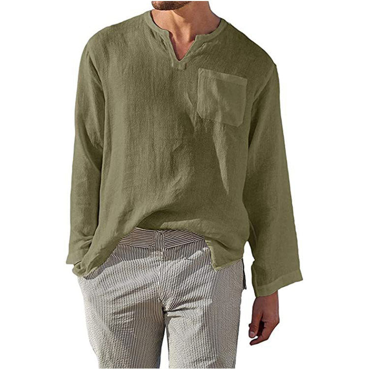 Chemise Homme Lin Manches Longues Élégante Poche Poitrine